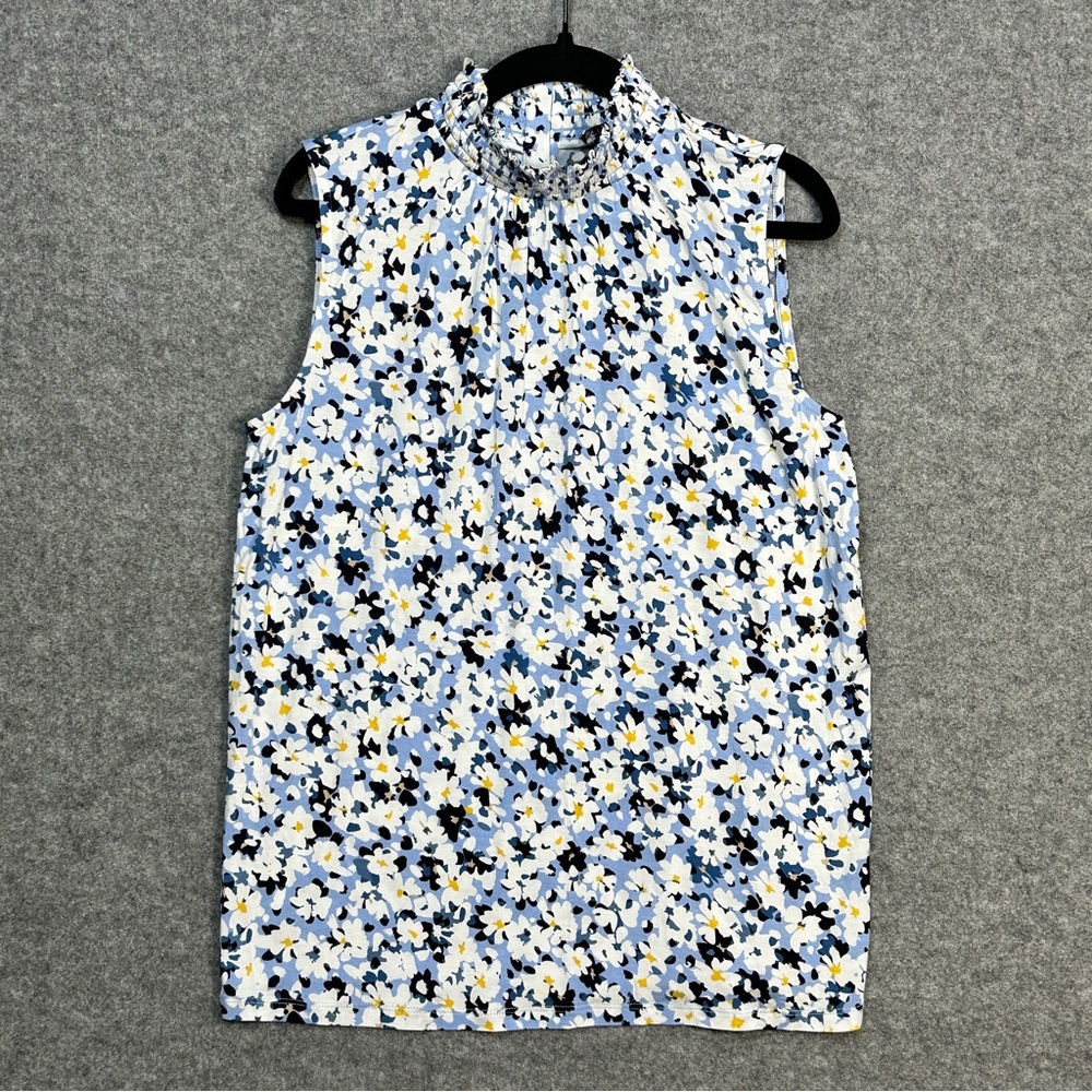 Ann Taylor MP Blue Floral Sleeveless Top Smocked High Neck 4 Button Closure EUC
